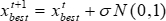 Mathematical equation x(t+1)=x(t)+σN(0,1) for iterative optimization, formula representation.