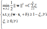 Support vector machine optimization equation; mathematical formula for classification model.