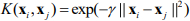 Kernel trick equation, K(x,xj)=exp(-γ||xi-xj||^2), support vector machines method, text formula.