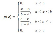 Fuzzy set membership function μ(x) with piecewise conditions, mathematical concept, formulae illustration.