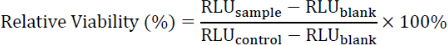 Relative viability calculation formula, used in experimental analysis, mathematical expression.