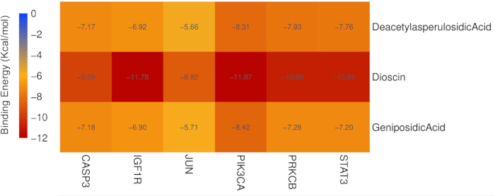 figure-results-9 Molecular docking heatmap chart; binding energy analysis of compounds to protein targets.