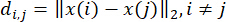 Distance formula, \( d_{ij}=\|x(i)-x(j)\|_2 \), mathematical equation, vector space analysis.
