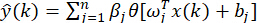 Neural network regression formula, ŷ(k)=∑βjθ[ωTx(k)+bj]; equation for predictive modeling.