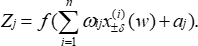 Neural network node activation formula, Zj=f(Σωjx(i)+aj), used in computational models.