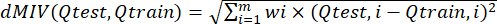 dMIV formula, symbolic representation, equation for test-train data evaluation, educational use.