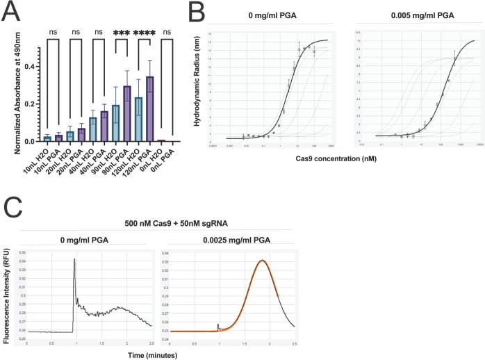 Absorbance (A), hydrodynamic radius (B), and fluorescence intensity (C) graphs show Cas9-PGA interaction.