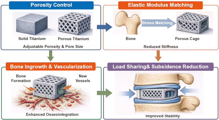 Titanium implant diagram: shows porosity control, elastic modulus matching, bone integration.