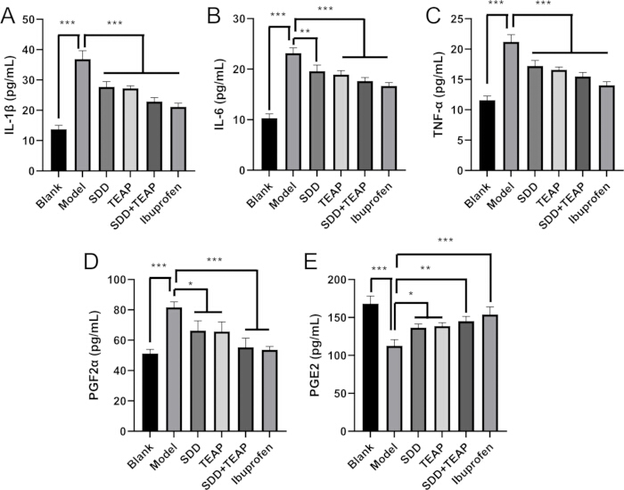 Bar graphs of cytokine levels (IL-1β, IL-6, TNF-α, PGF2α, PGE2) after drug treatments, statistical analysis.