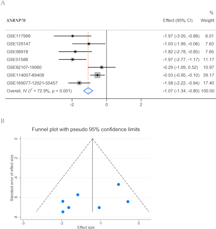 figure-results-2 Forest plot of SNRNP70 data analysis and funnel plot with 95% confidence limits; meta-analysis diagrams.