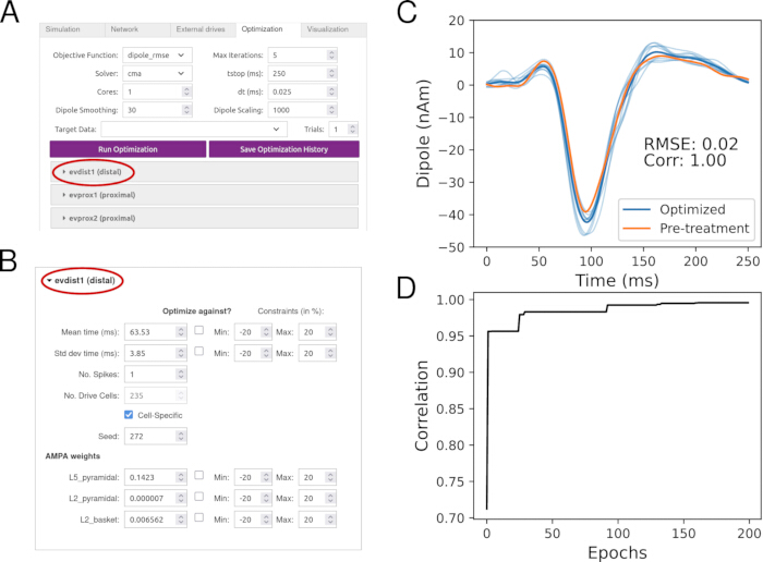 Dipole optimization process; equations, parameters, graph with RMSE and correlation results.