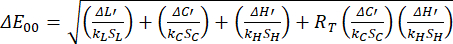 Color difference formula ΔE₀₀; equation for colorimetry analysis; mathematical representation.