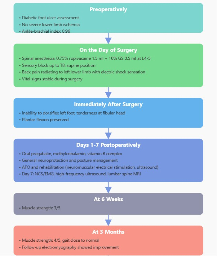 Surgical recovery timeline; preoperative assessment, spinal anesthesia details, postoperative care.