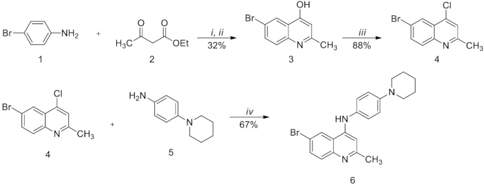 Organic synthesis pathway; chemical reaction sequence diagram with structures, reagents, yields.