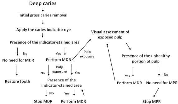 Deep caries treatment flowchart; steps include caries removal, dye application, pulp assessment.