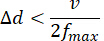 Distance resolution inequality, formula: Δd < v/2f_max, used in signal processing analysis.