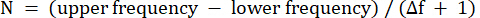 Frequency calculation; equation N=(f_upper-f_lower)/(Δf+1); mathematical formula.