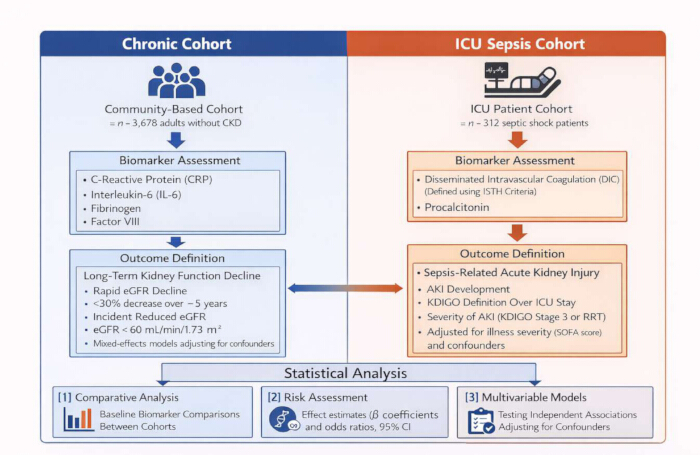 figure-protocol-1 Chronic vs ICU Sepsis cohort flowchart; biomarker assessment, outcome definition, statistical analysis.