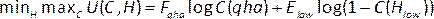 Mathematical optimization equation, min max U(C,H)=Σ fixa logC(qho) for data analysis modeling.