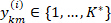 Equation showing classification function yₖₘ⁽ⁱ⁾ ∈ {1,...,K*} for data clustering analysis.
