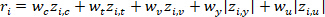 Static equilibrium equation diagram: rᵢ=wₑzᵢₑ+wₚzᵢₚ+wᵧzᵢᵧ+wᵤzᵢᵤ, educational use.
