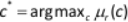 Optimization equation \(c^* = \text{argmax}_c \mu_r(c)\); analysis of decision-making model.