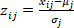 Standardization formula z_ij=(x_ij-μ_j)/σ_j for data normalization analysis.