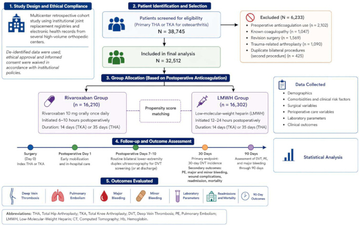 Joint replacement study flowchart; patient selection, group allocation, data collection, outcome analysis.
