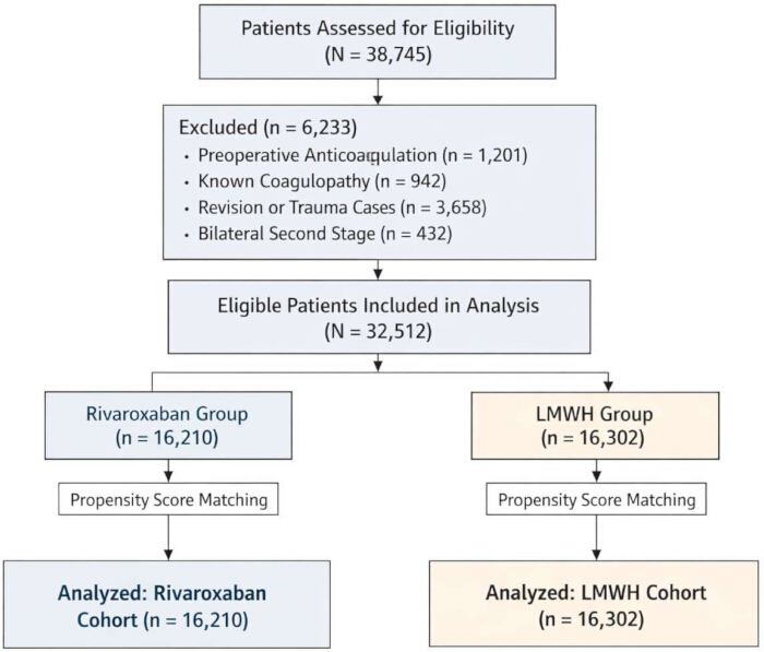 Patient cohort selection flowchart: rivaroxaban vs LMWH groups with propensity score matching.