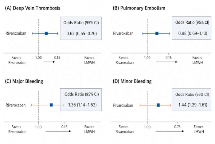Meta-analysis forest plot comparing Rivaroxaban vs LMWH for thrombosis and bleeding risks.