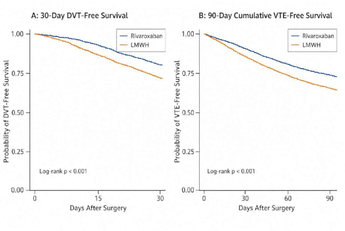 30 and 90-day survival curves comparing Rivaroxaban and LMWH post-surgery; Log-rank p<0.001.