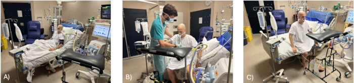 Hospital patient mobilization process; patient supported by medical staff and equipment in ICU setting.