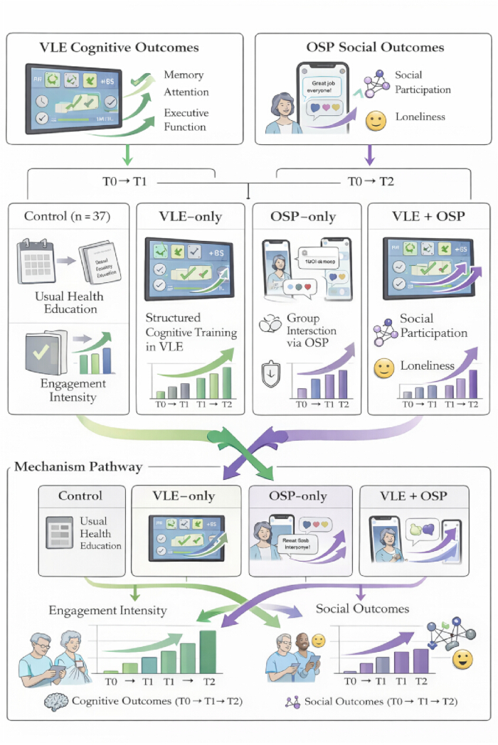 figure-results-3 Cognitive and social outcome diagram; VLE and OSP effects; engagement analysis; structured training.