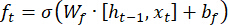LSTM gate equation \( f_t = \sigma(W_f \cdot [h_{t-1}, x_t] + b_f) \); formula for neural networks.