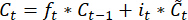 LSTM cell equation; formula: Ct=ft*ct-1+it*ċt; neural network process; mathematical concept.