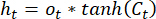 Neural network equation: hₜ=oₜ*tanh(Cₜ), formula for cell state in LSTM model.