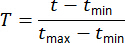 Equation for normalization, \(T = \frac{t - t_{min}}{t_{max} - t_{min}}\), mathematical formula.
