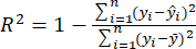 Coefficient of determination formula \( R^2 = 1-\frac{\sum_{i=1}^n (y_i-\hat{y}_i)^2}{\sum_{i=1}^n (y_i-\bar{y})^2} \), equation.