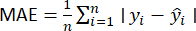 Mean Absolute Error formula, MAE=1/n Σ|yi-ŷi|, equation for predictive model accuracy.