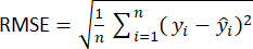 RMSE formula equation diagram, statistical data analysis, root mean square error calculation.