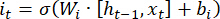 LSTM gate equation: it=σ(Wi[ht-1,xt]+bi); neural network symbol; recurrent computation.