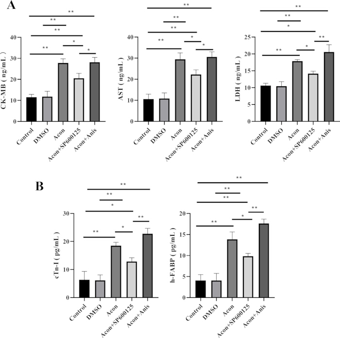 figure-results-8 Bar charts comparing CK-MB, AST, LDH, cTnI, and h-FABP levels under different treatments.
