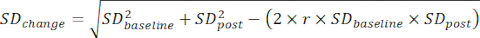 Standard deviation change formula, SD_change = √(SD^2_baseline + SD^2_post - 2rSD_baselineSD_post).