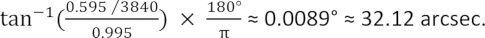 Trigonometric calculation formula, tan inverse diagram, angle conversion in arcseconds.