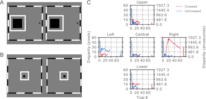 Stereopsis process with disparity measurement; diagram with trial graphs for visual perception study.