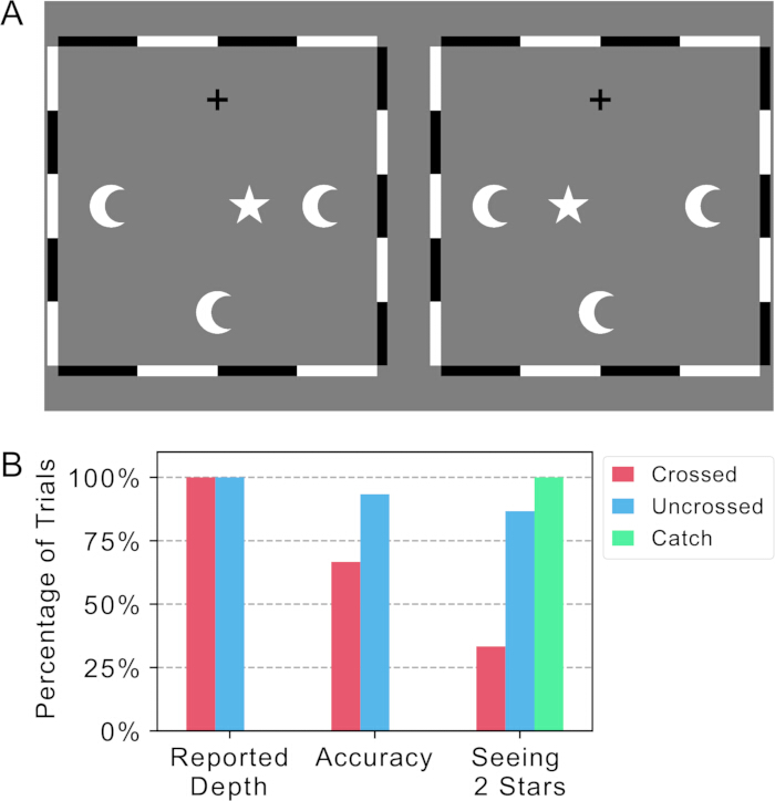 Depth perception test diagram and results; trial types, accuracy, and observation data bar chart.