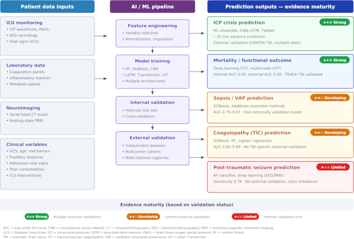 AI/ML workflow for patient data prediction, diagram includes validation and outcomes with ICP crisis.