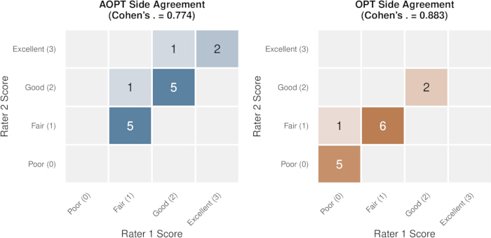 figure-results-2 AOPT and OPT side agreement Cohen's kappa scores; rater score heatmaps for categorical data analysis.