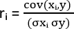 Correlation coefficient formula diagram; cov(xᵢ,y)/(σₓᵢσᵧ); statistical analysis method.