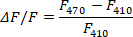 Fluorescence ratio formula ΔF/F = (F470-F410)/F410; used in emission analysis studies.